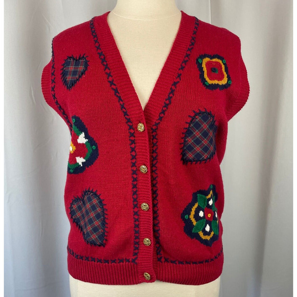Vintage Sweater Vest Womens Size Large Red Embroidered Patchwork Grandma 90s - Picture 1 of 12